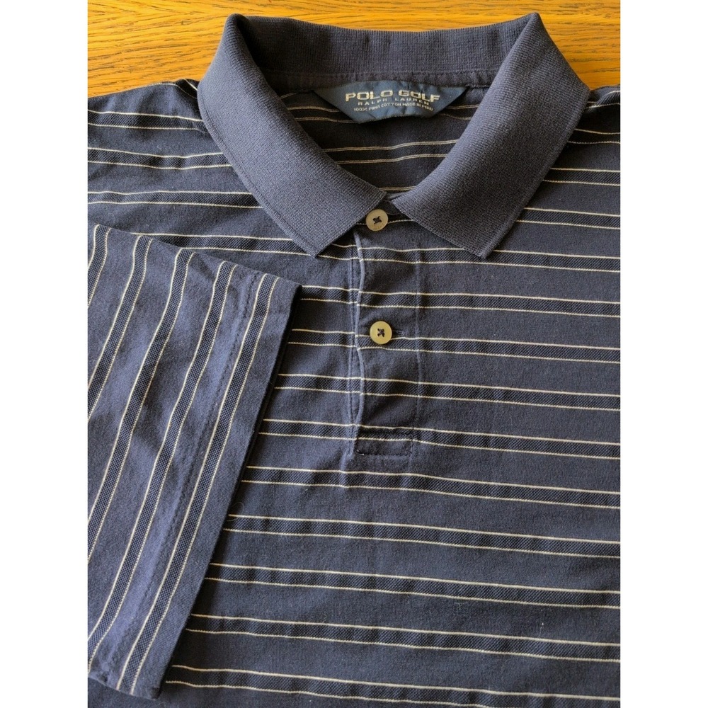 Polo Ralph Lauren Navy Striped Polo Shirt Men's Med lightweight Puma Cotton GUC